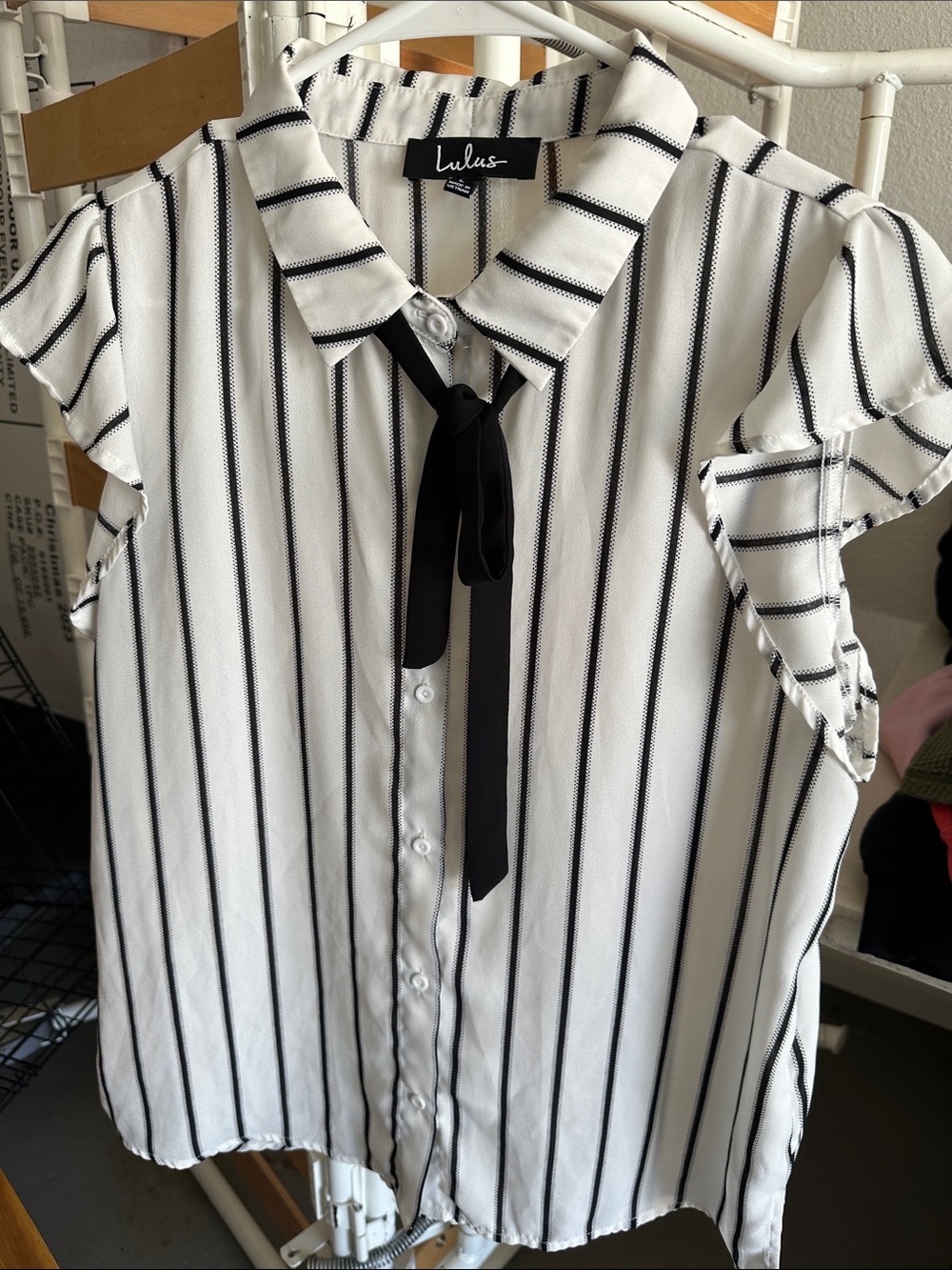 Lulu's Black & White Striped Tie-Neck Ruffle Sleeve Blouse - Picture 4 of 7